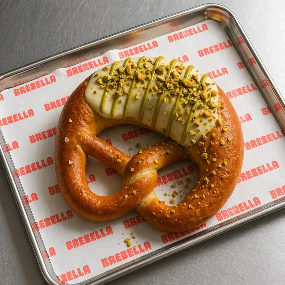 Pergamentpapier mit Anhänger und Brezella Anmutung. Twist Brezel mit Glasur, Verpackungsmoment.